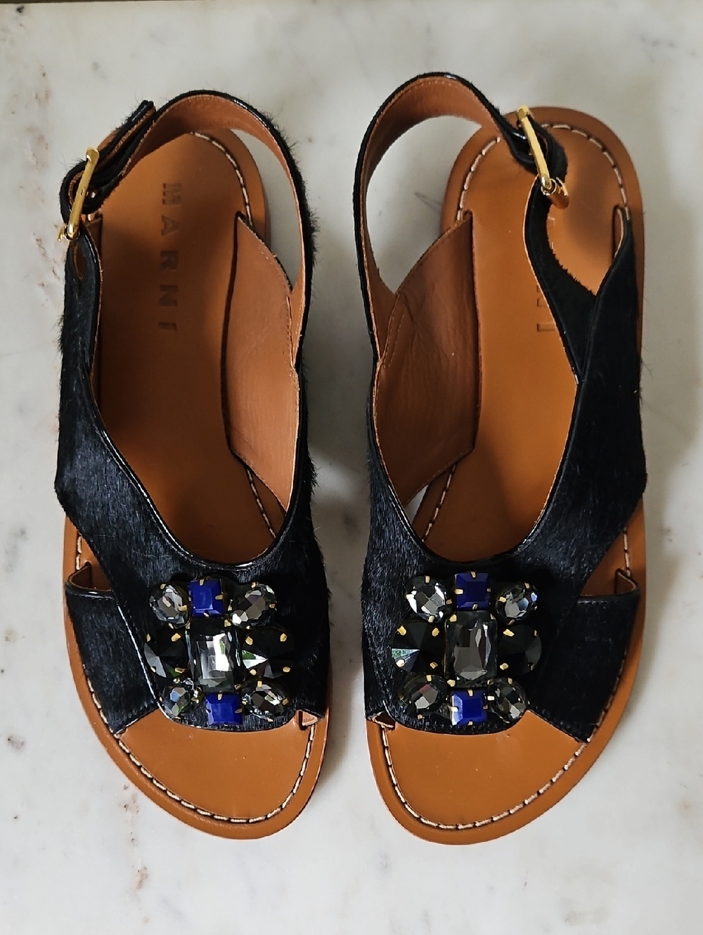 MARNI: Statement Oversize Crystal Jewel Black Calf Hair Sandals